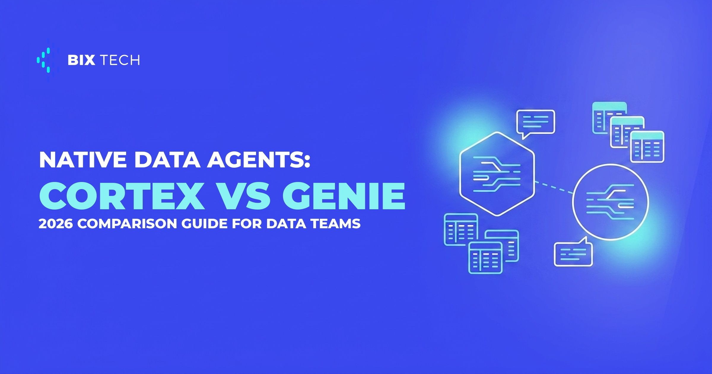 Illustration of two connected data nodes representing Snowflake Cortex Analyst and Databricks Genie as native data agents for data teams in 2026
