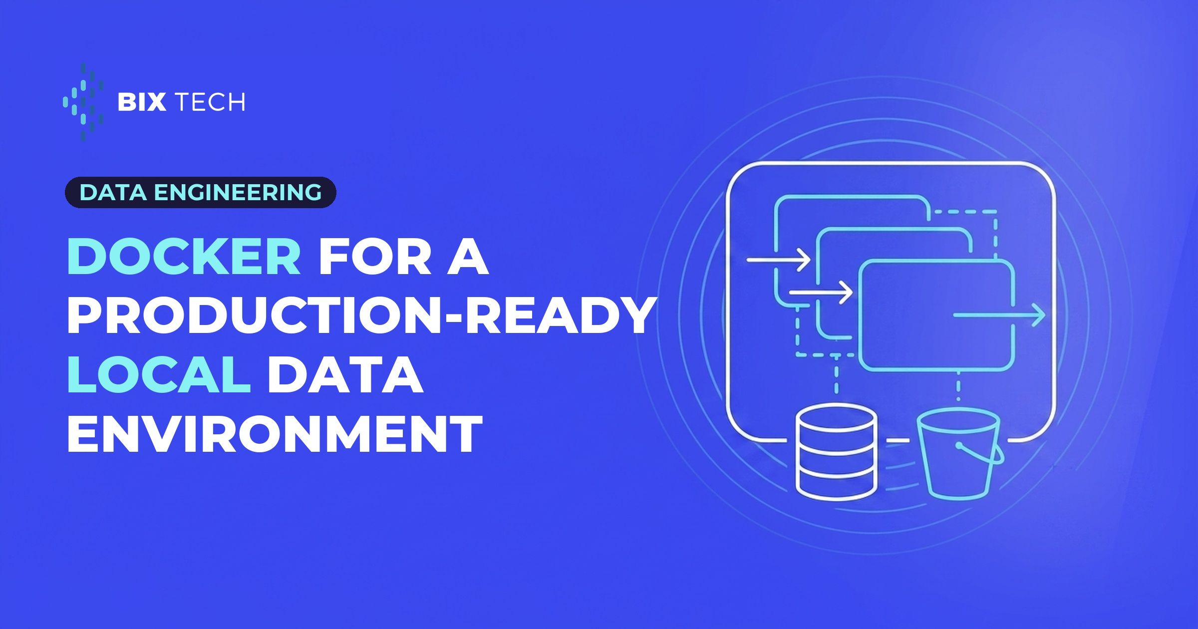 Line-art illustration of nested Docker containers connected to a database and an object storage bucket, representing a production-ready local data environment