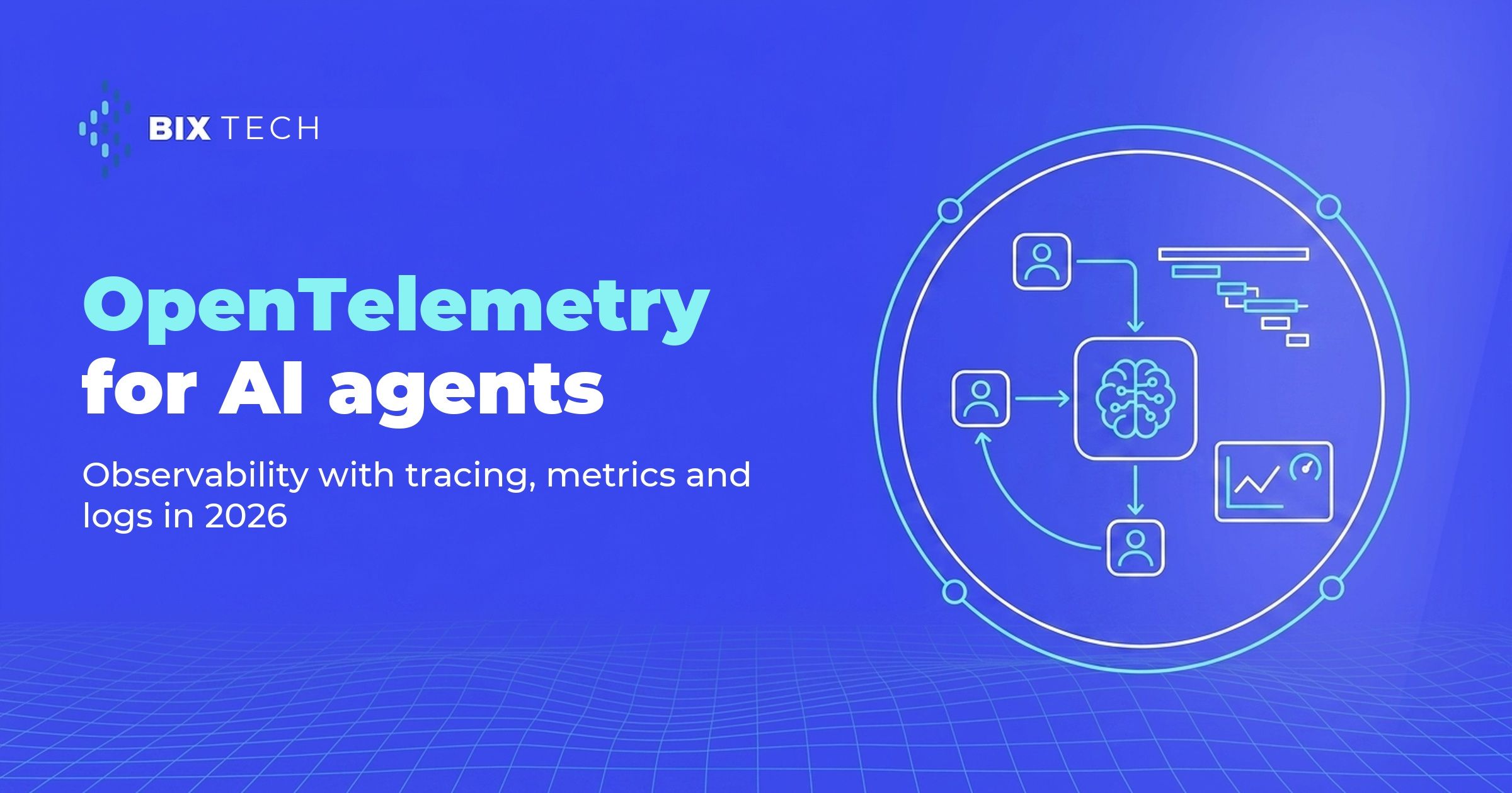 Illustration of an AI agent pipeline monitored with OpenTelemetry, showing traces, metrics and logs