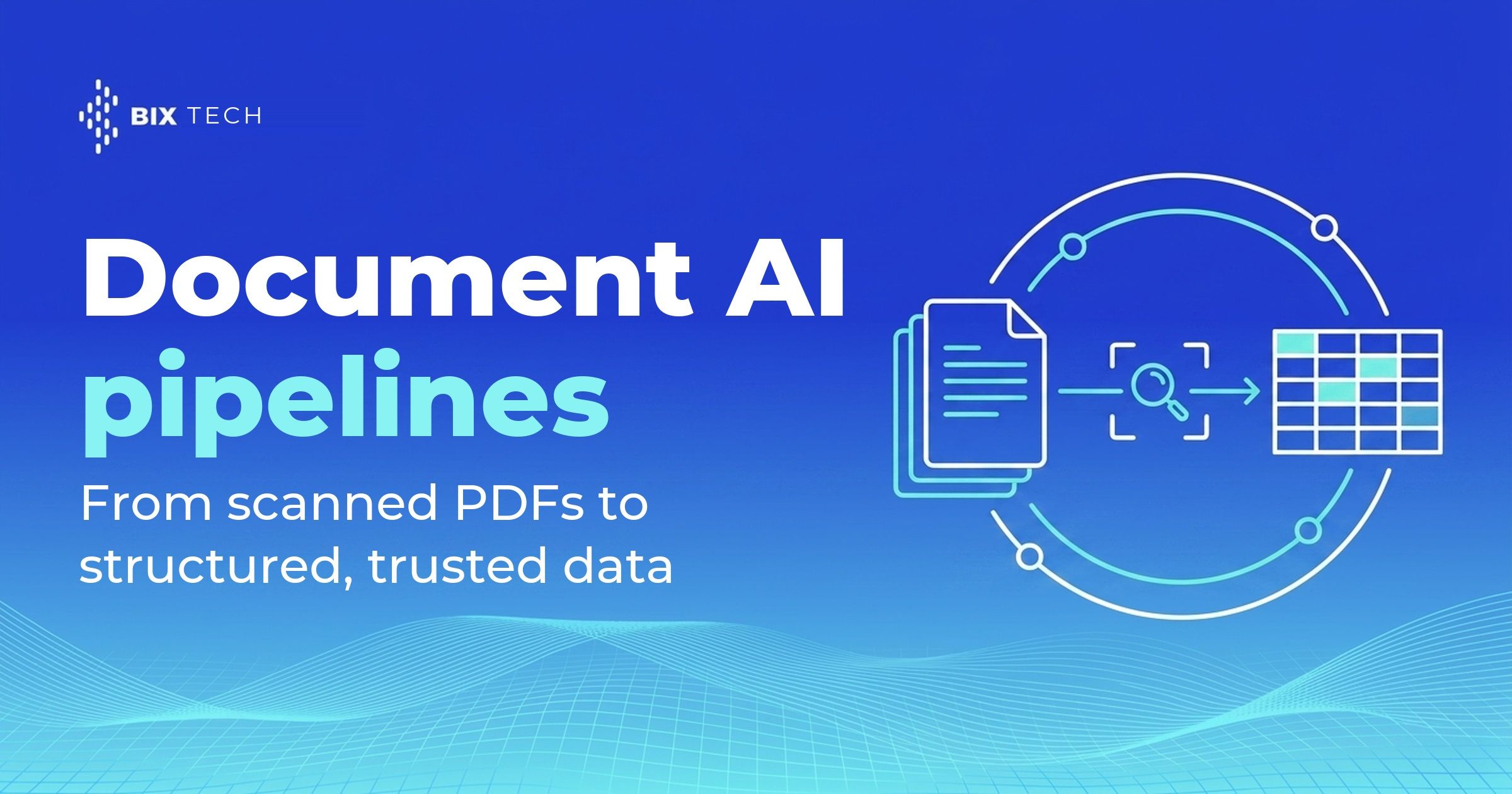 Illustration of a document AI pipeline turning a stack of scanned pages into a structured data table