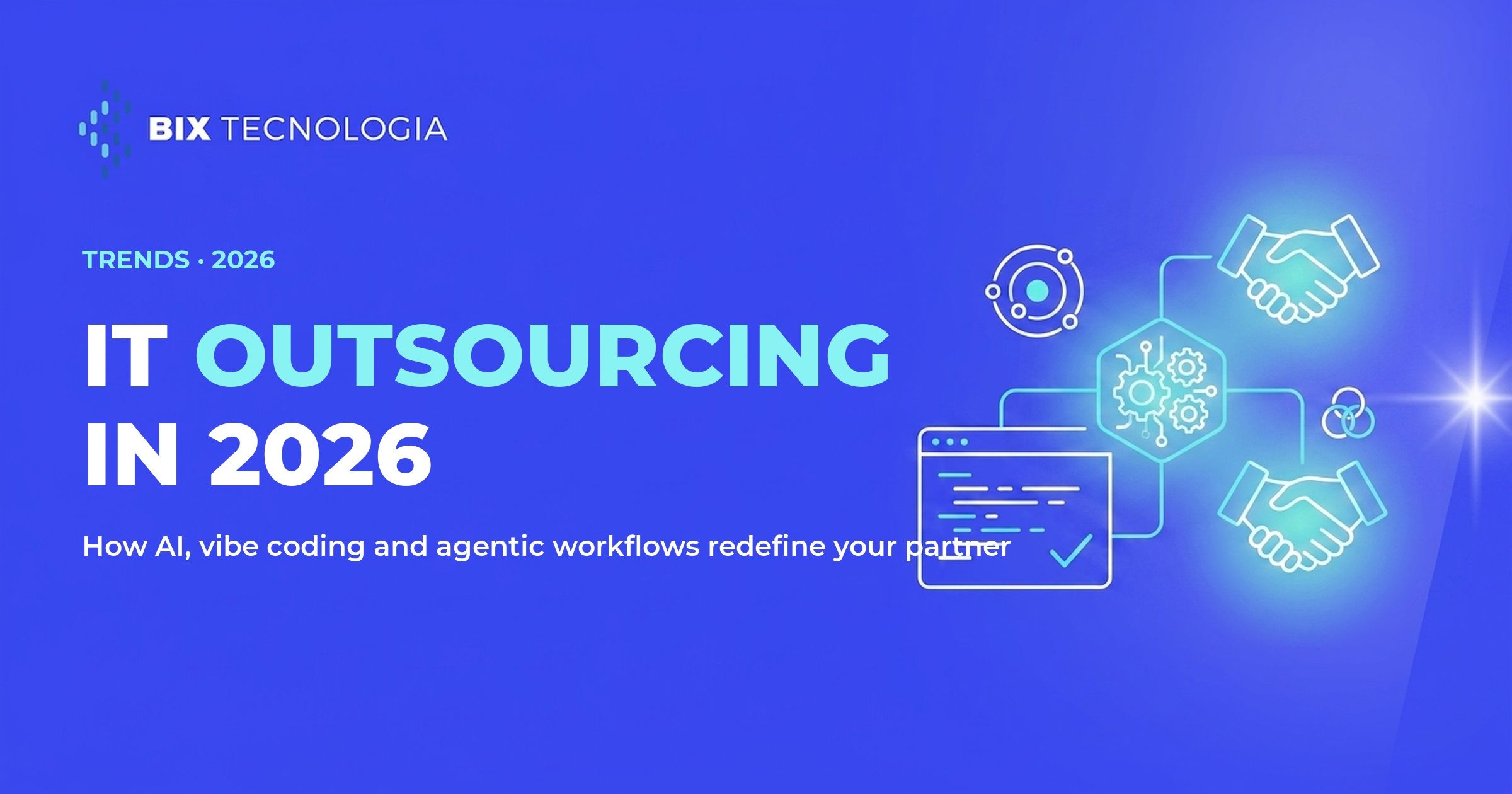 Illustration of IT outsourcing in 2026 with AI, gears and code connecting two partners shaking hands