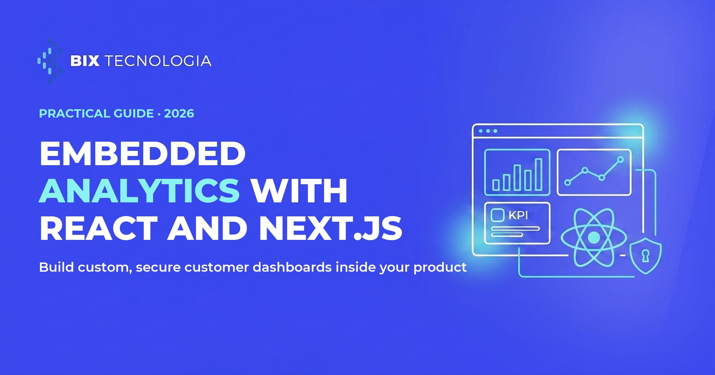 Line-art illustration of embedded analytics dashboards built with React and Next.js inside a SaaS product