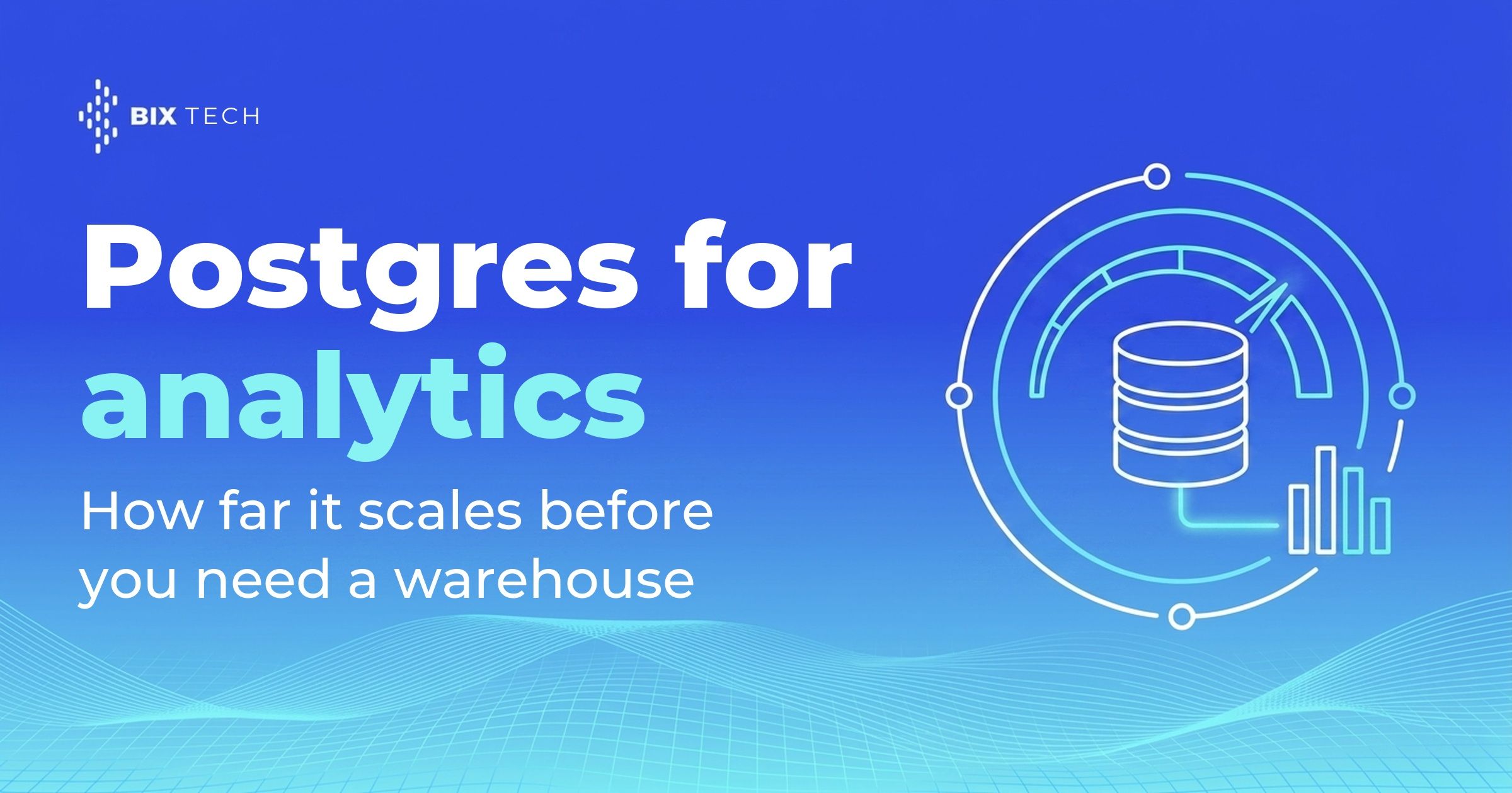 Line-art illustration of a Postgres database with a performance gauge near its limit connected to a columnar storage block, representing Postgres analytics limits