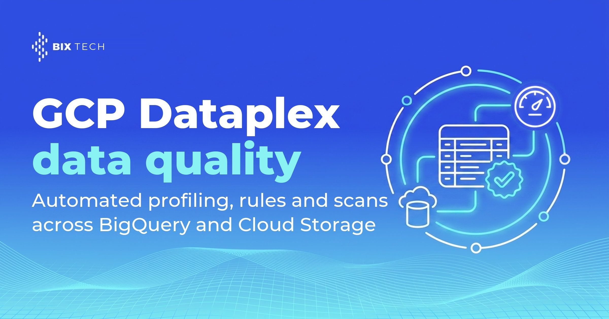 GCP Dataplex blog cover with line-art of a data table carrying a quality check badge, linked to a cloud storage bucket and a score gauge