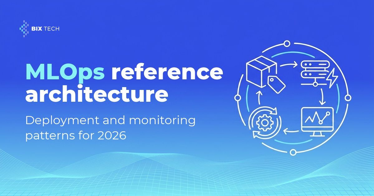 Line-art illustration of a model package, a serving endpoint, a drift monitoring panel and a retraining loop in a circle, representing an MLOps reference architecture