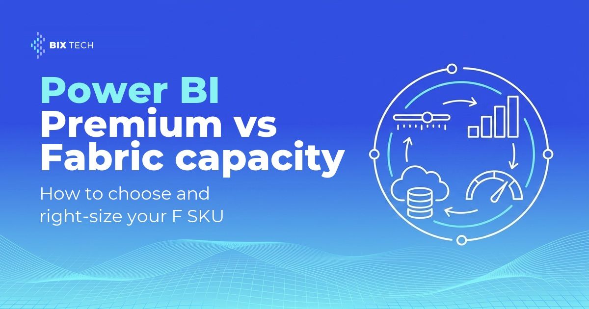 Line-art illustration of a slider, a rising SKU staircase, a utilization gauge and a cloud capacity stack, representing how to choose and right-size a Fabric capacity