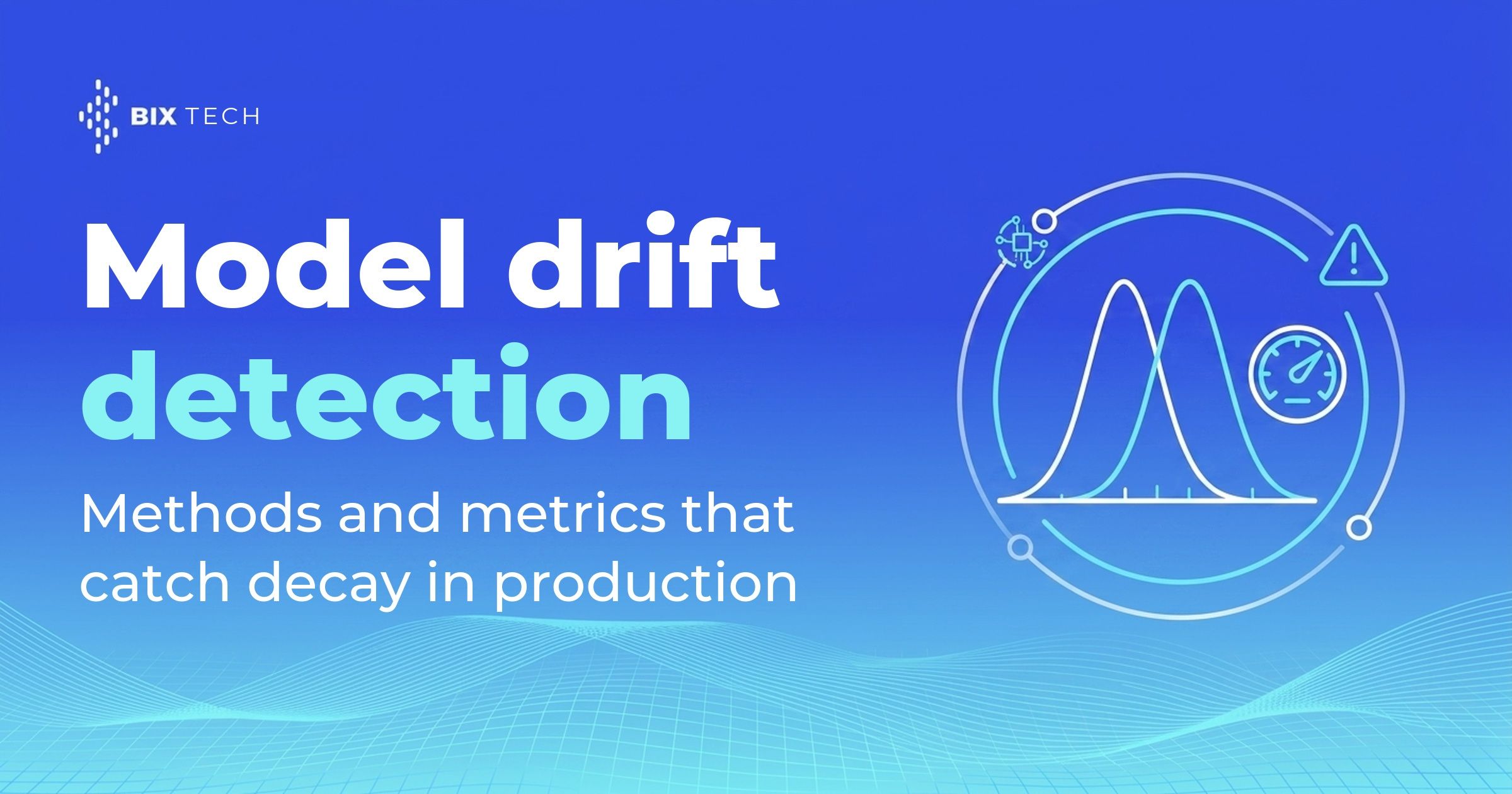 Line-art illustration of two shifted probability distribution curves next to a gauge and an alert icon, representing model drift detection in production