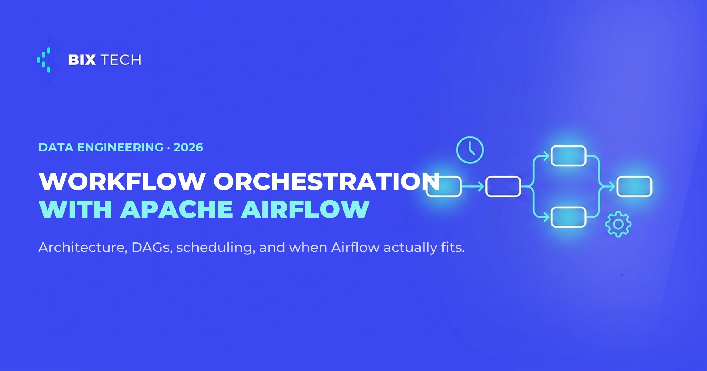Illustration of a workflow orchestration DAG in Apache Airflow, with task nodes connected by directional arrows and scheduling and automation glyphs