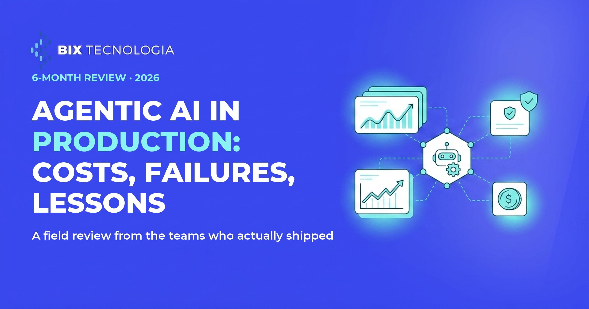 Illustration of an AI agent in production connected to observability, governance and cost-control panels