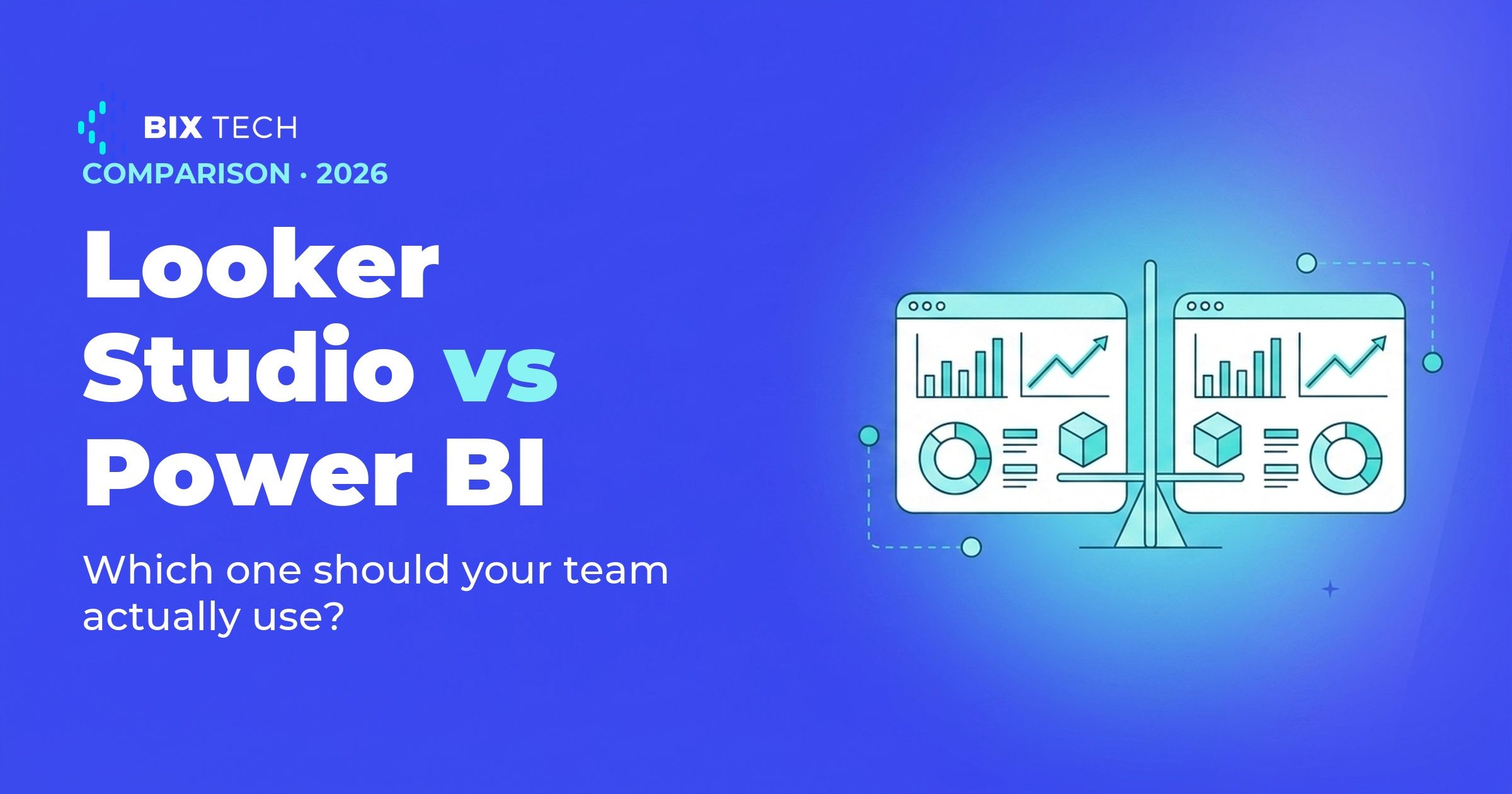 Illustration of two BI dashboard panels balanced on a scale, comparing Looker Studio vs Power BI
