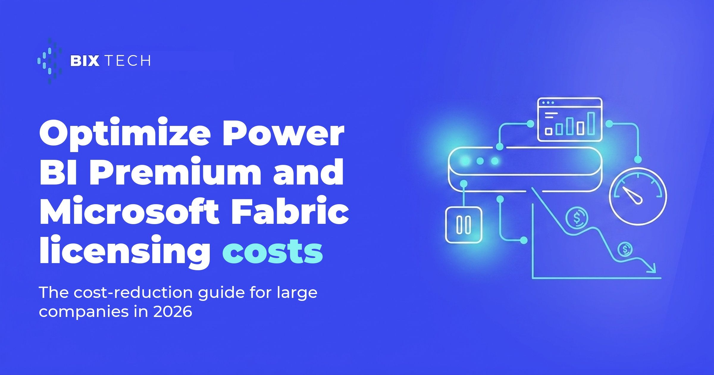Illustration of a Microsoft Fabric capacity with a falling cost curve, representing optimized Power BI Premium and Microsoft Fabric licensing costs