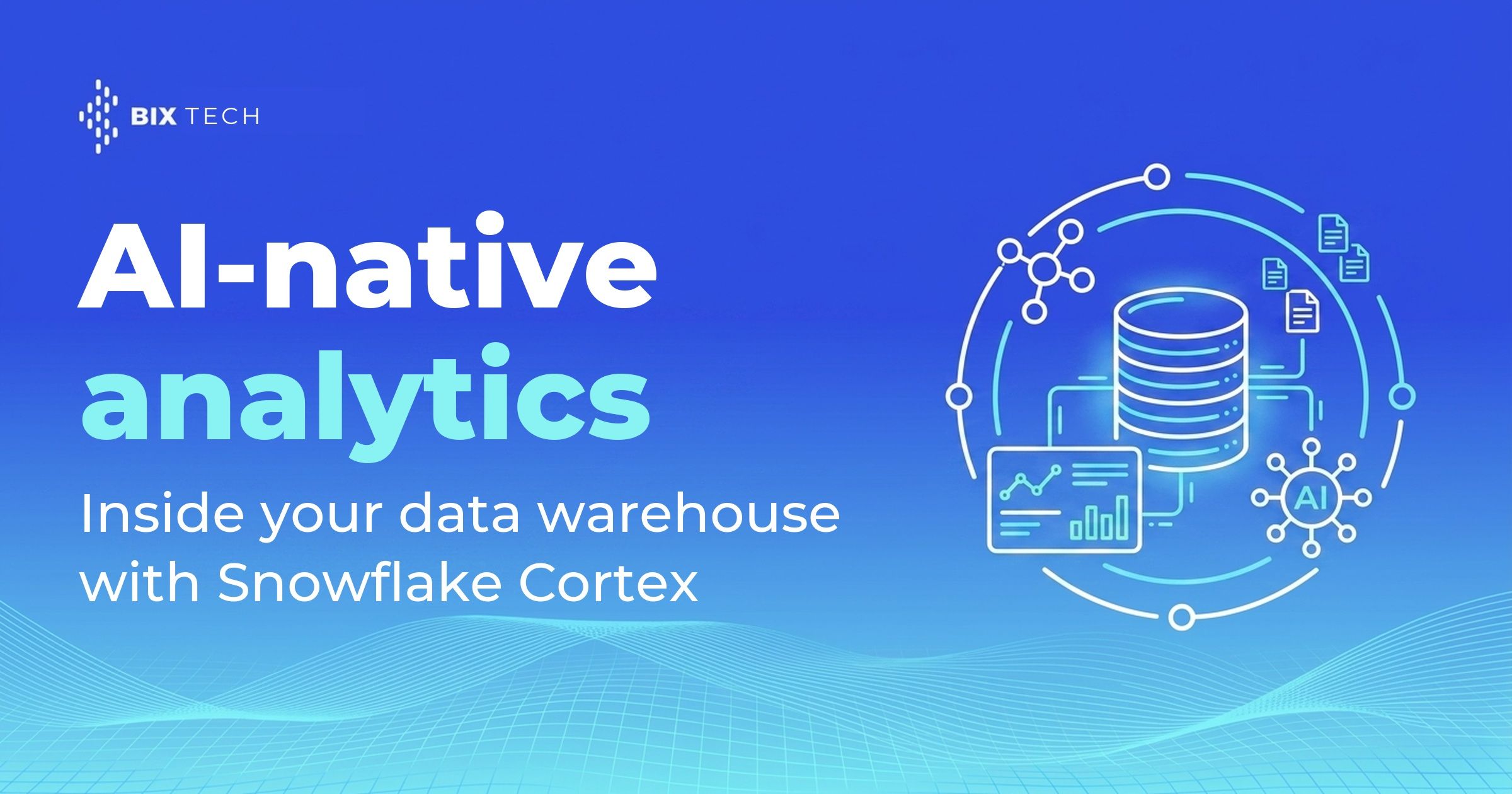 Illustration of a data warehouse connected to an analytics dashboard and an AI core, representing AI-native analytics with Snowflake Cortex